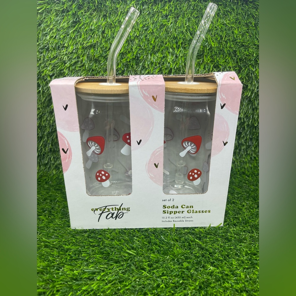 Everything Fab Mushroom Soda Can Sipper Glasses Set, NIB